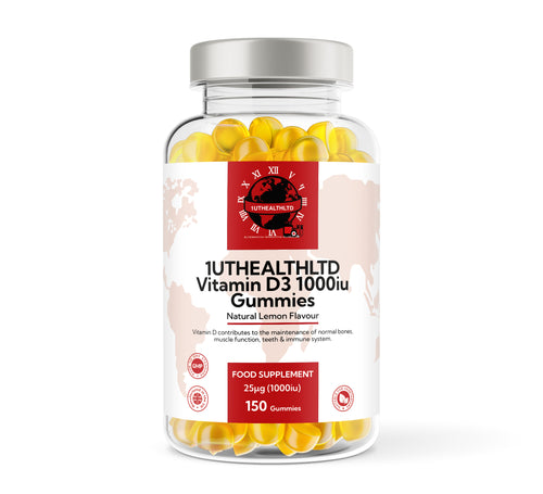1UTHEALTHLTD® Vitamin D3 1000IU Gummies – 150 Gummies | Natural Lemon Flavour