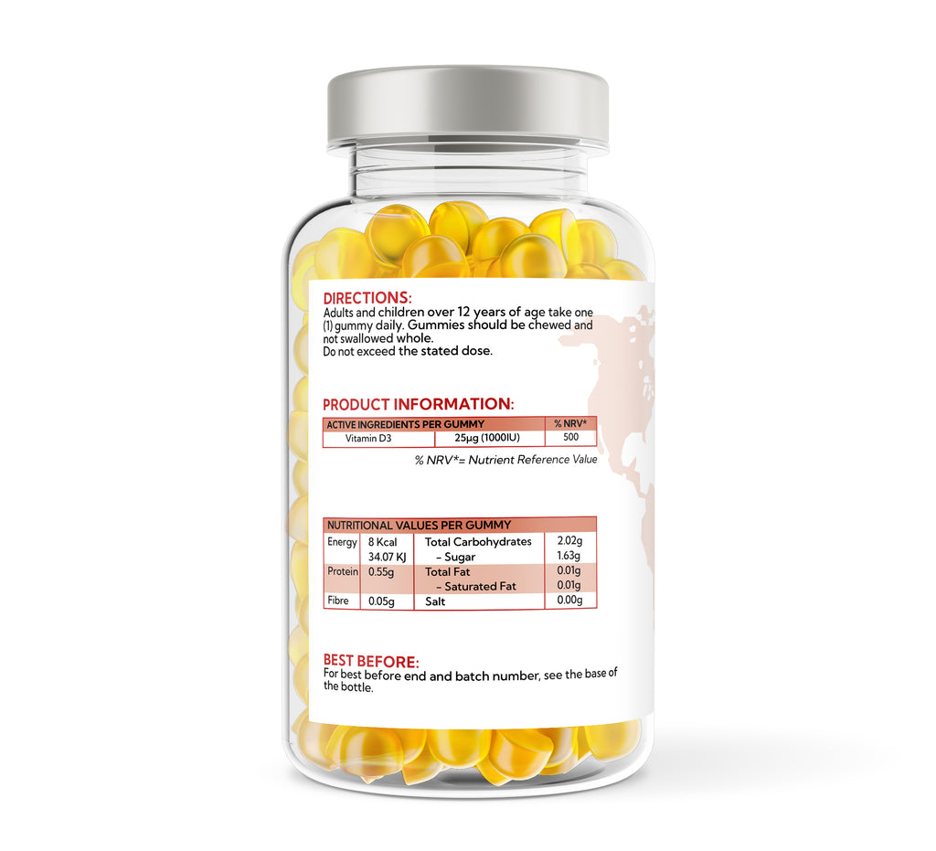 1UTHEALTHLTD® Vitamin D3 1000IU Gummies – 150 Gummies | Natural Lemon Flavour