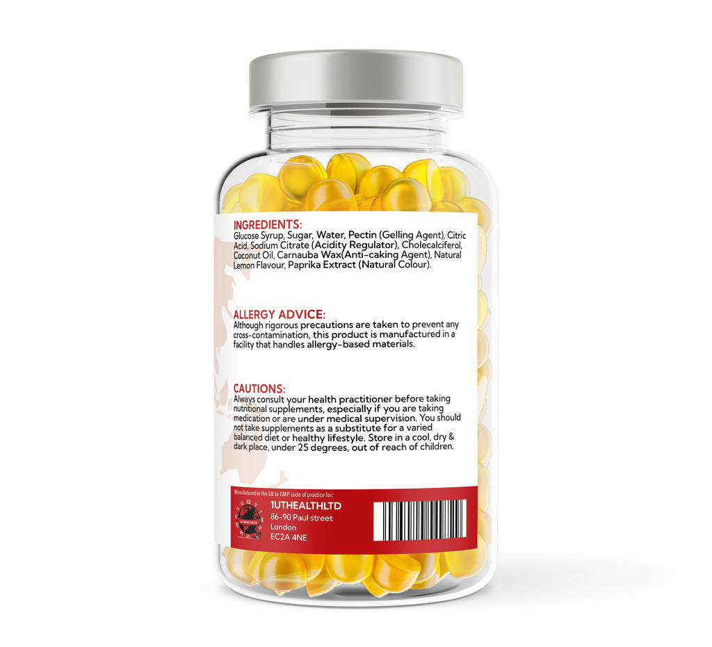 1UTHEALTHLTD® Vitamin D3 1000IU Gummies – 150 Gummies | Natural Lemon Flavour